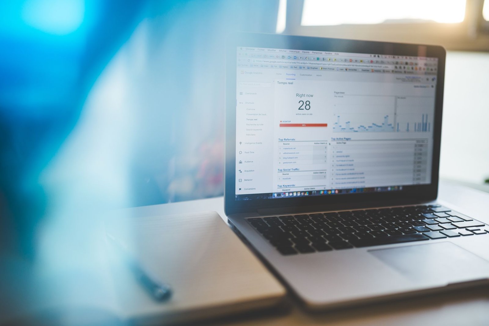laptop displaying Google Analytics in modern workspace representing SEO and AEO digital search strategy for keynote speakers in 2026