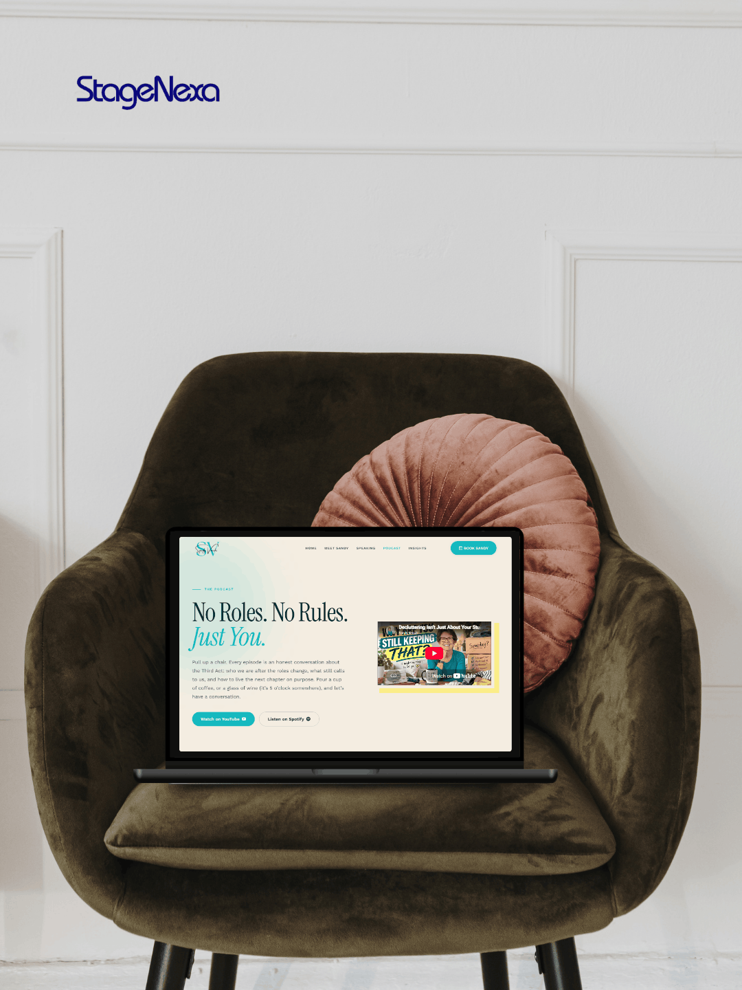 Podcast page website design for a speaker with YouTube and Spotify integration