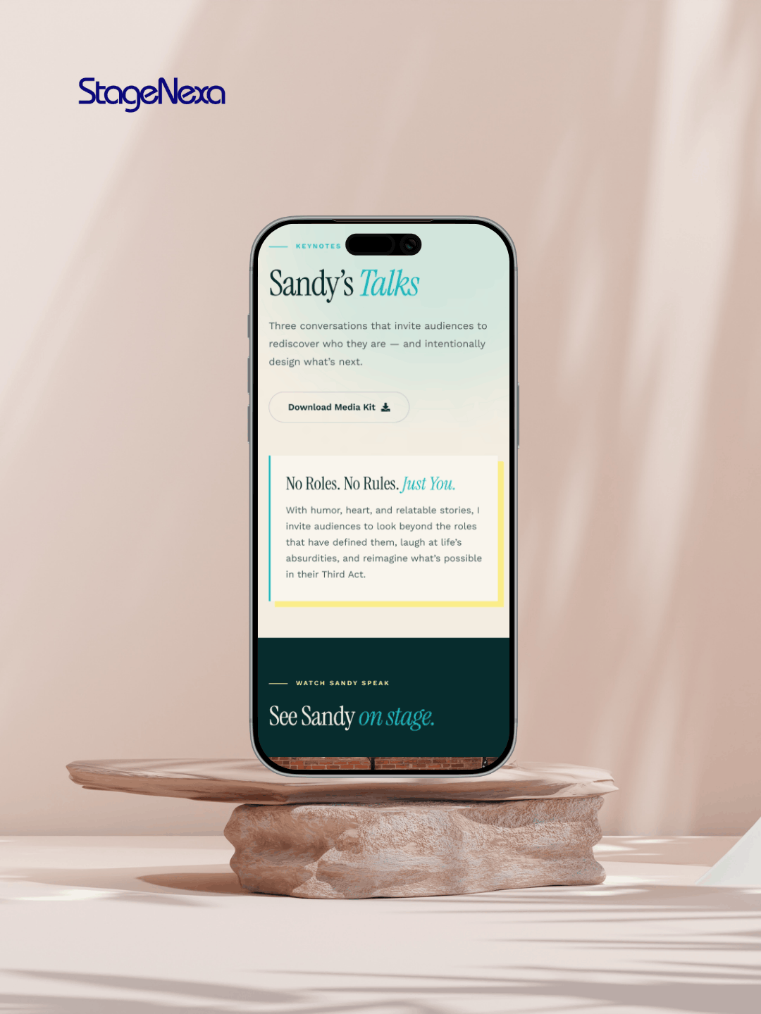 Speaking page for a keynote speaker website with media kit download and speaker reel section