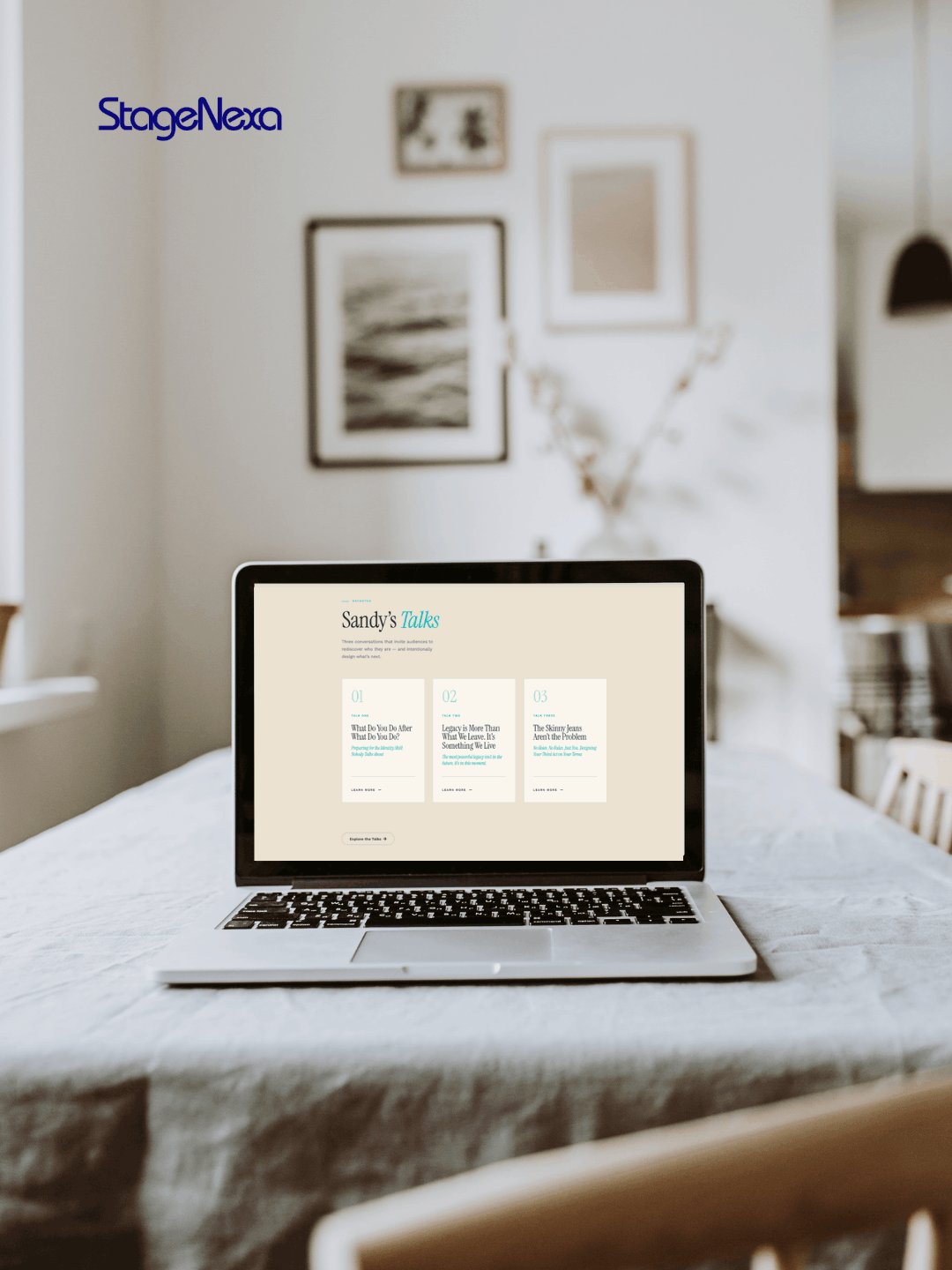 Keynote speaker website design by StageNexa featuring a three-keynote talks section